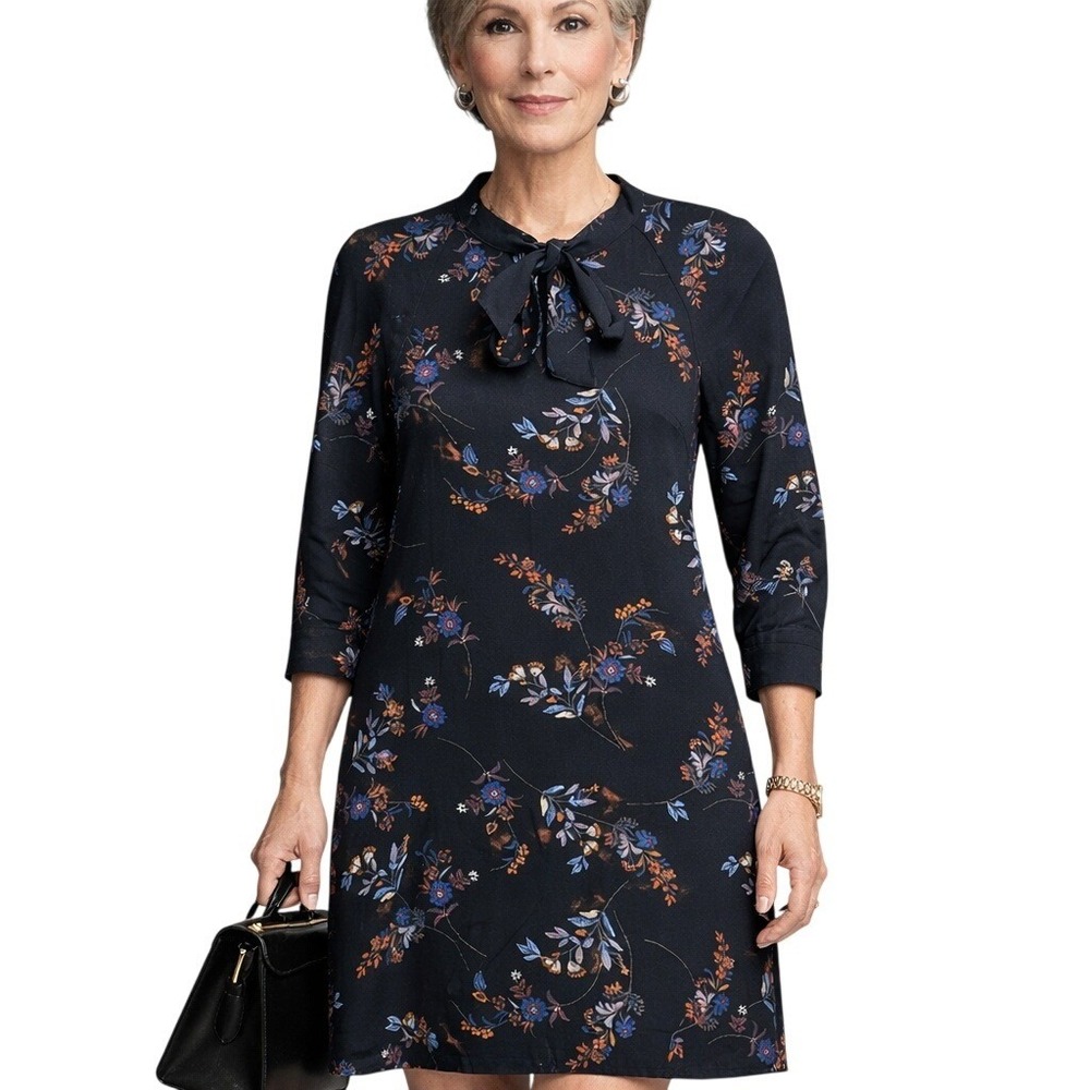 H andβ M Bow Dark Floral Dress Womens 2 Knee Length Office Work Secretary